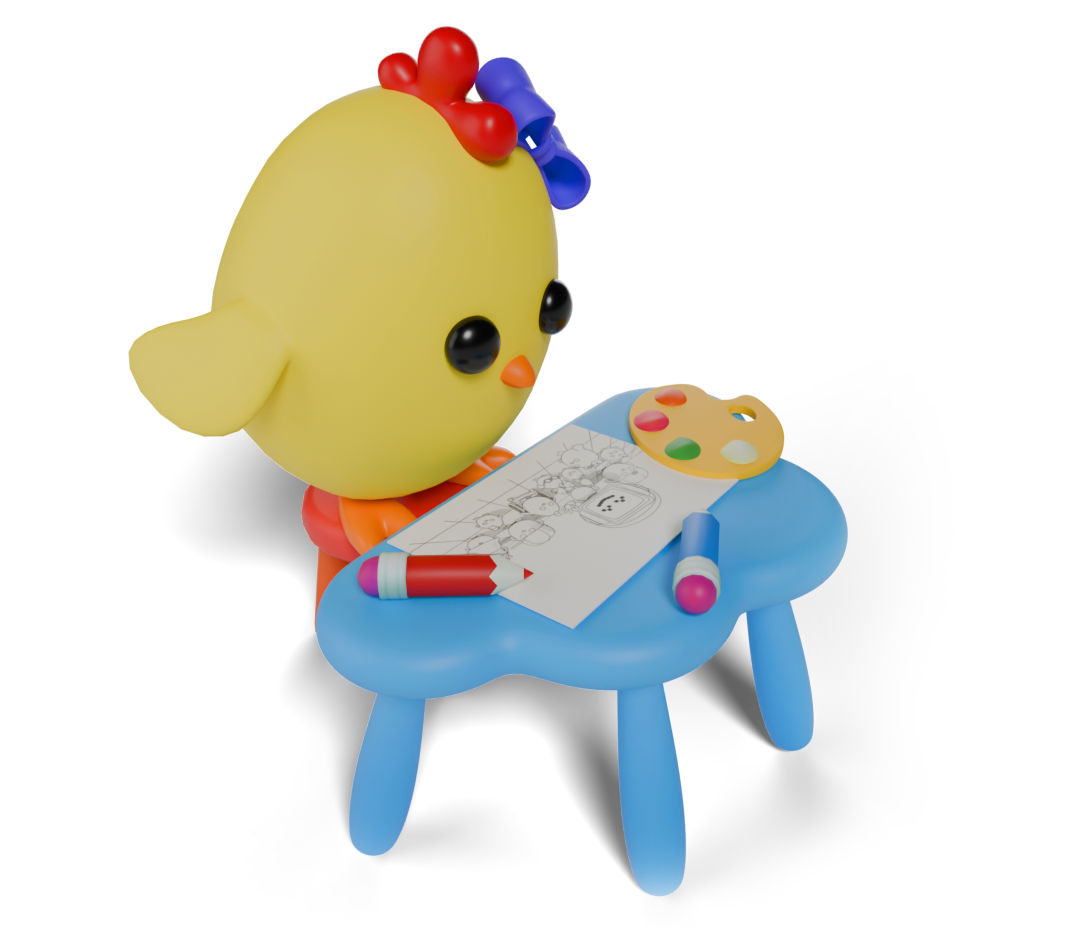 A chiggy at a drawing table with art supplies, representing the use of our apps as a creative 'brain warm-up' to prepare for focused tabletop, classroom, and structured therapy tasks.