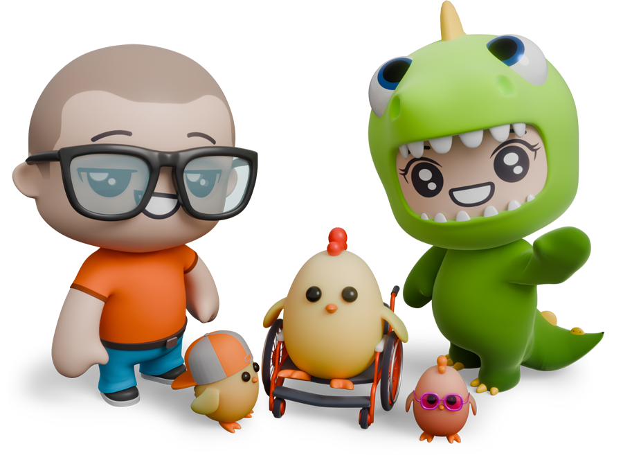 Cartoon characters including a man with glasses and orange shirt, a large green dinosaur costume with a smiling face, a yellow chick in a wheelchair, a small duck wearing a red cap, and a tiny pink chick with pink glasses, standing together.