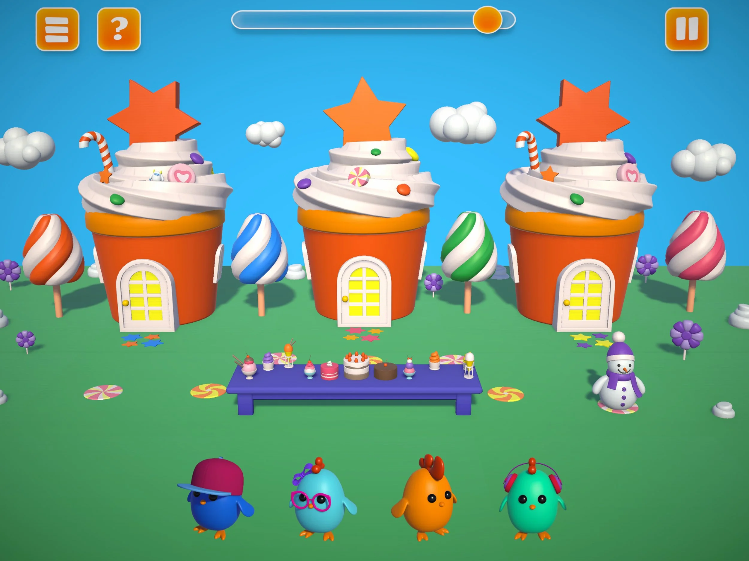 A vibrant 'Sweet Treats' theme in MixUp FixUp showing cupcake-style house and a dessert picnic to engage players.