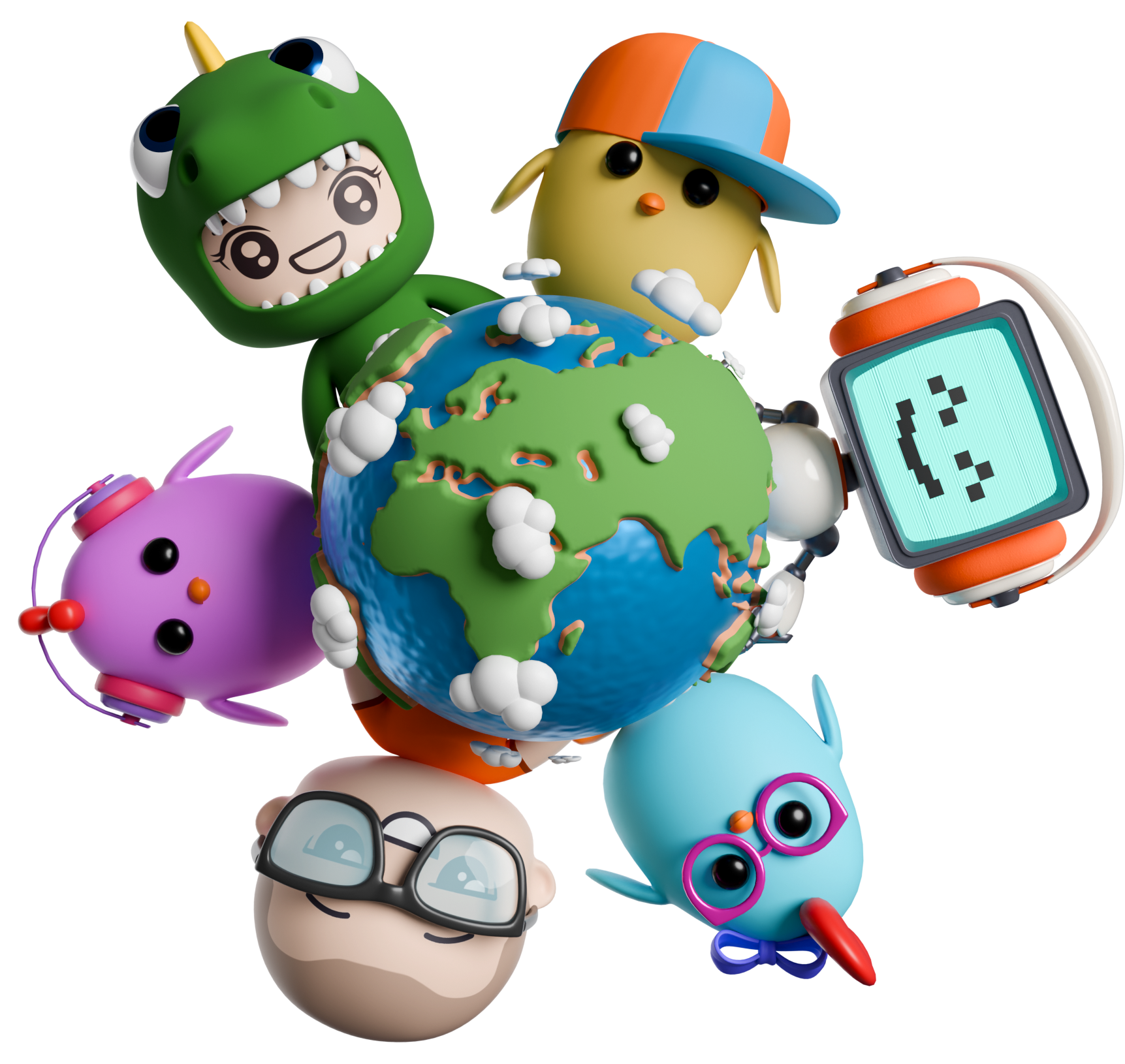 A whimsical illustration of the 1UP Studio world, featuring a diverse cast of cartoon characters gathered around a globe to represent an inclusive, play-powered community.