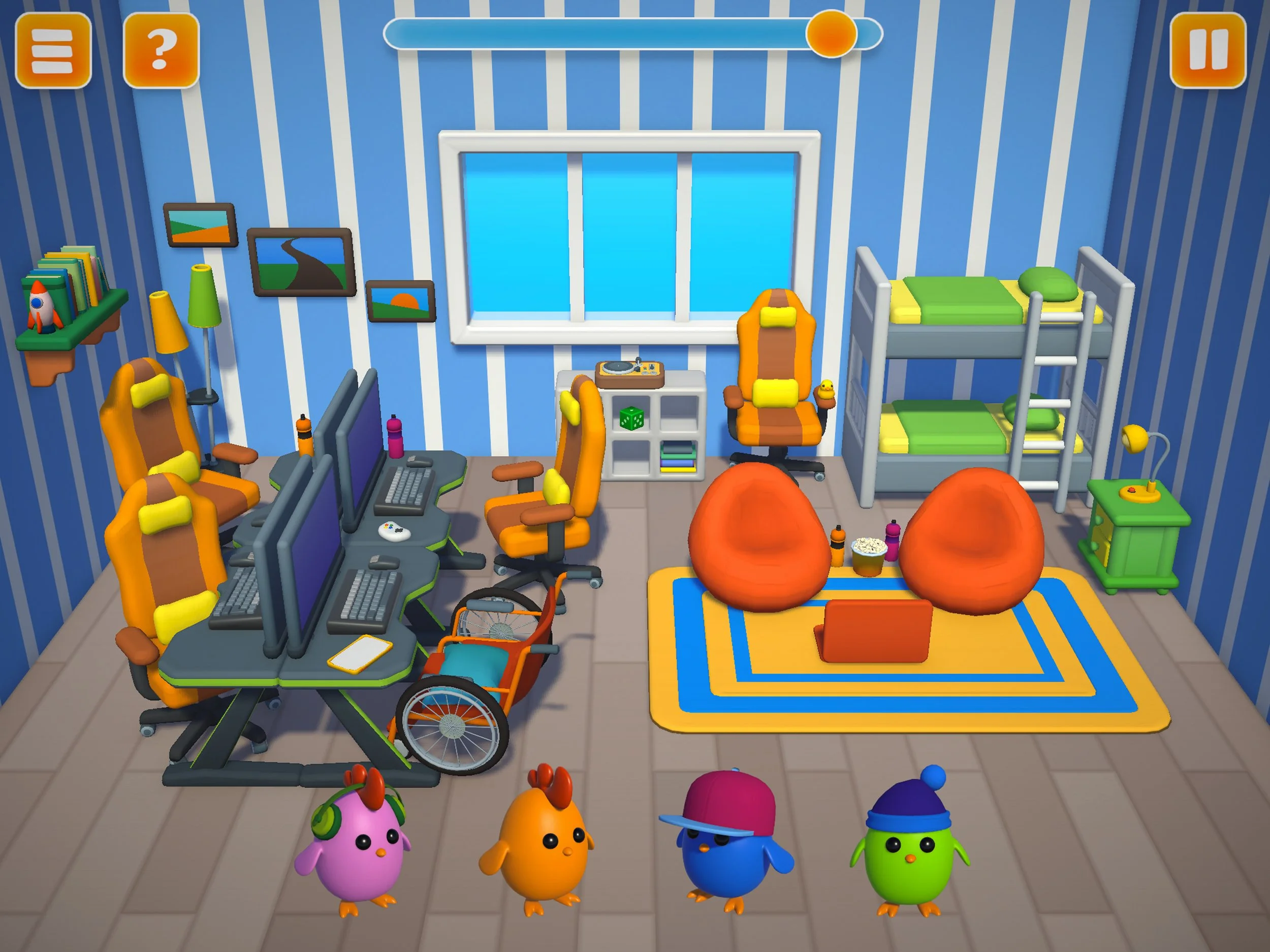 A detailed hangout scene featuring a LAN party setup, designed to challenge with complex visual scanning and organization.