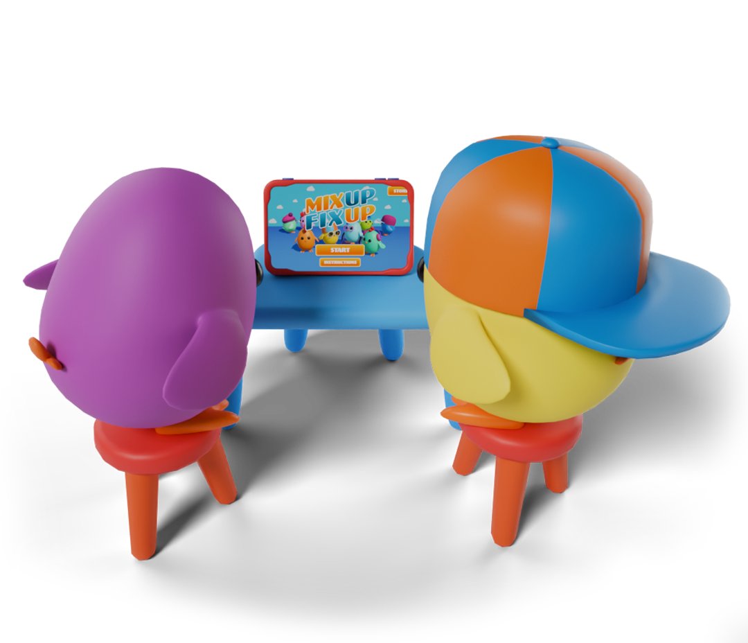 Two chiggy characters engaged in the MixUp FixUp game, showcasing its application as a direct teaching tool for visual processing and cognitive skills.