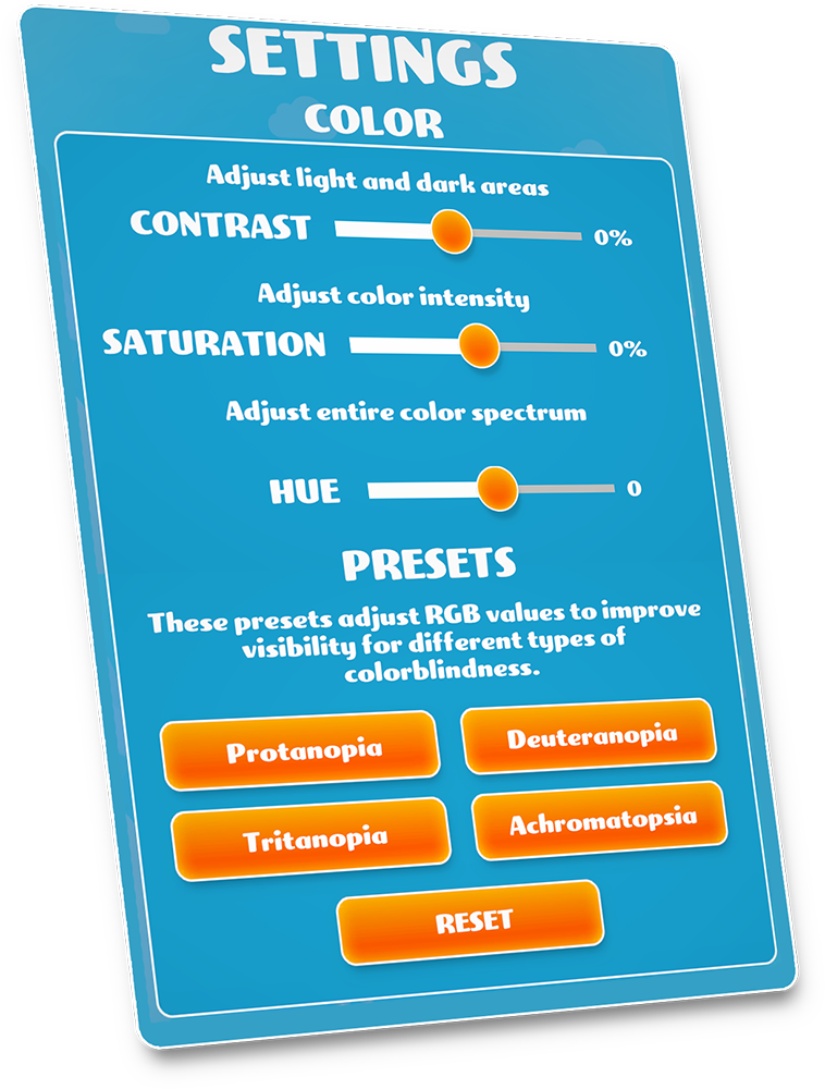 Interface screenshot showing adjustable sliding scales for contrast, saturation, and hue, as well as color presets, allowing players to customize the game's visual palette