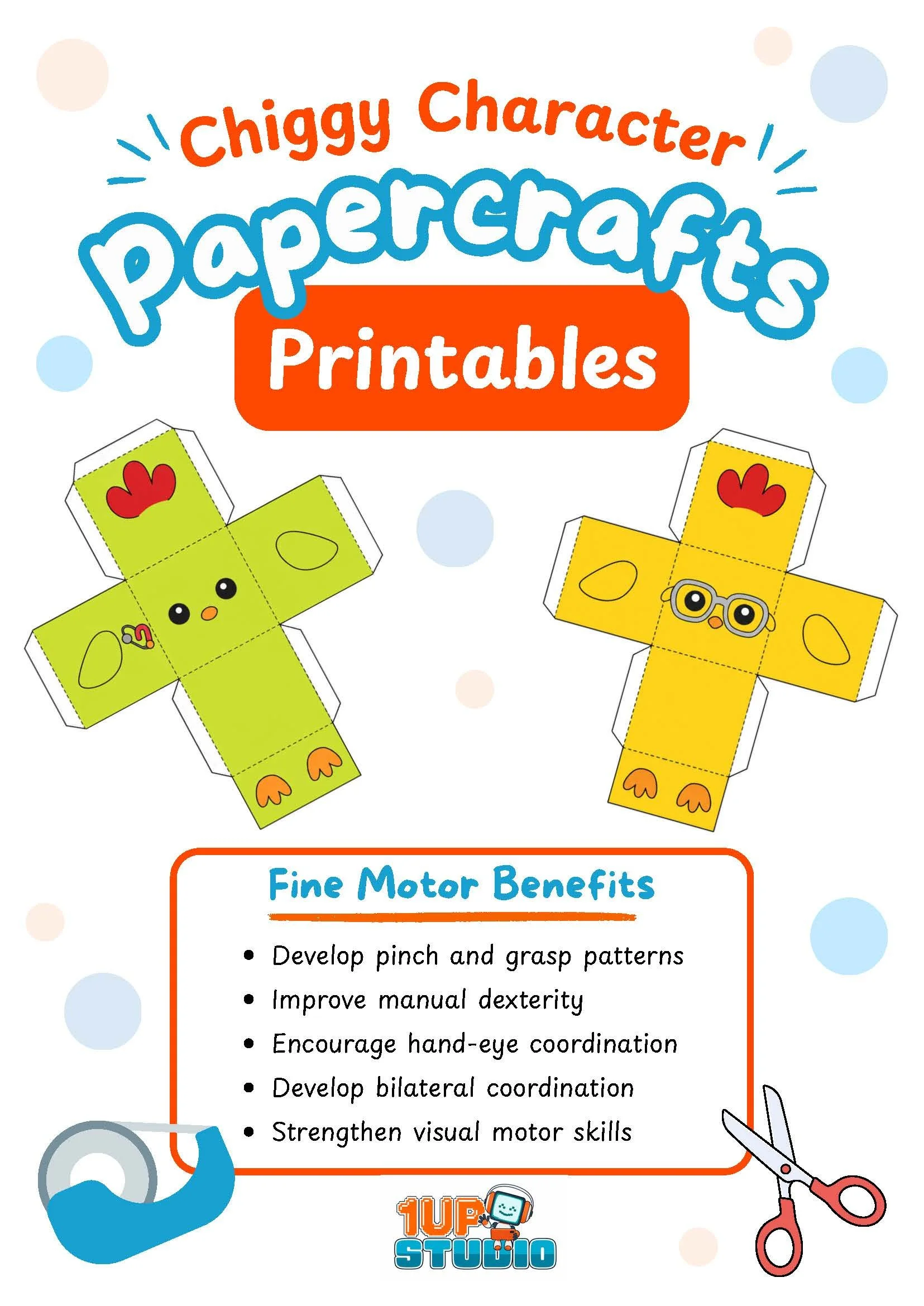 The coversheet of a chiggy characters papercraft printables worksheet packet that also lists fine motor benefits.