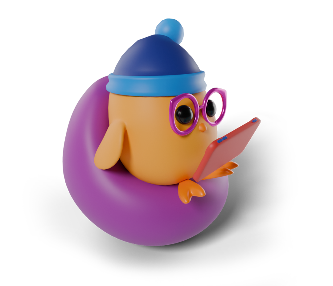 A 1UP Studio character relaxing in a bean bag with an iPad, illustrating the use of the app as a 'Just Right Break' for sensory regulation and mental resets between activities.