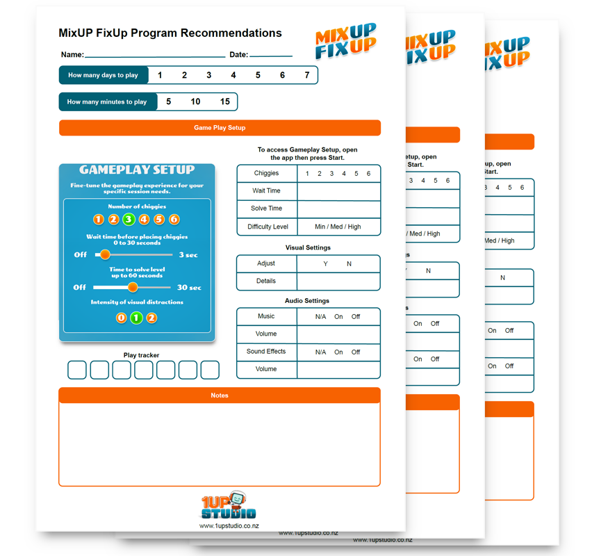 A printable form titled "MixUP FixUp Program Recommendations" with sections for recording player information, game setup preferences for gameplay, visual and audio settings, and notes. The form contains a colorful logo and is designed by 1UP Studio.