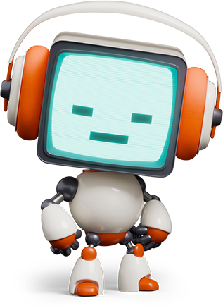A small robot with a digital screen for a face displaying a neutral expression, wearing orange and black headphones.