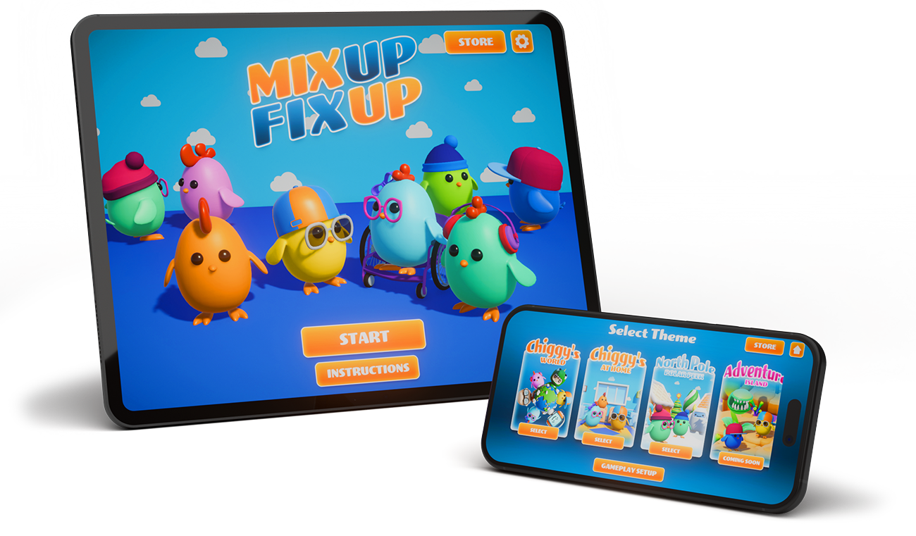 iPad and iPhone screens showing the home screen for the MixUp FixUp app