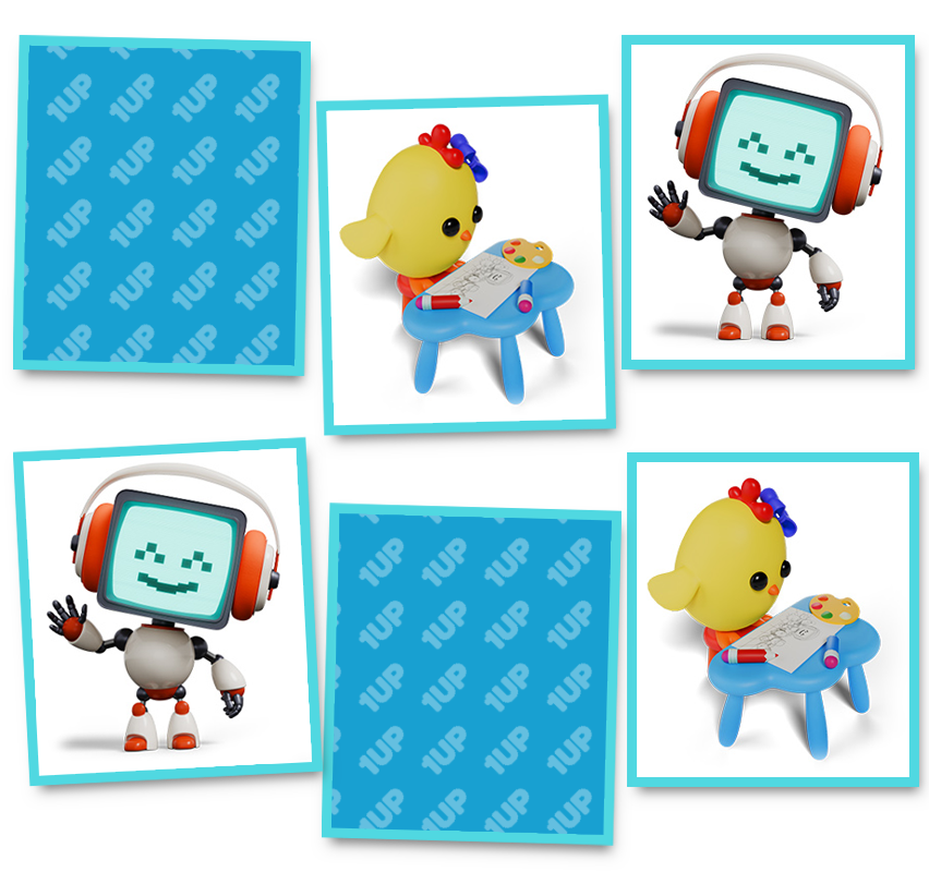 Four cartoon toys arranged in a grid pattern with blue '1UP' backgrounds in the corners and middle.