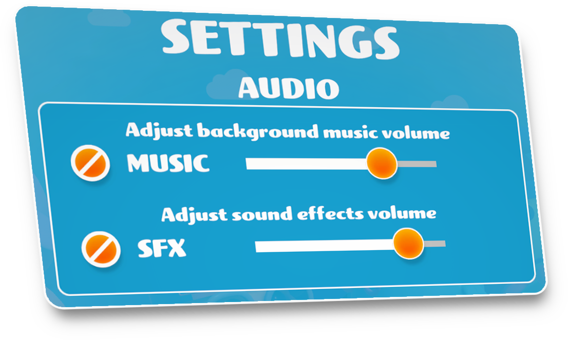 Screenshot of audio settings menu featuring separate toggles for background music and sound effects to support sensory processing and focus.