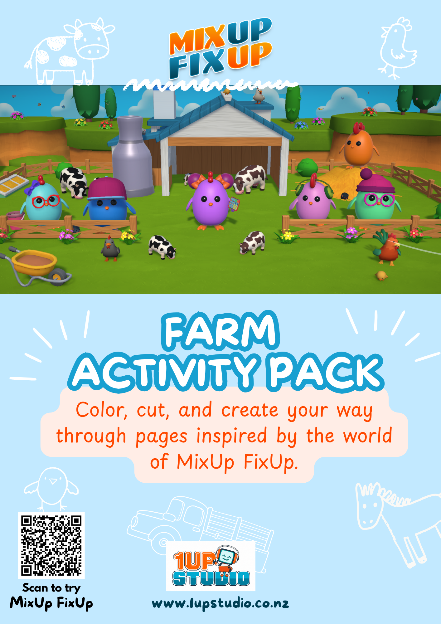Cover page of Farm Activity Pack, which shows kid friendly characters from the game, and says "color, cut, and create your way through pages inspired by the world of MixUp FixUp".