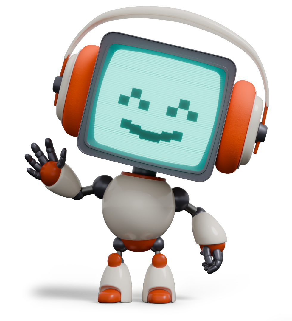 A robot with a square screen for a face displaying a smiling, pixelated face, waving with one hand.