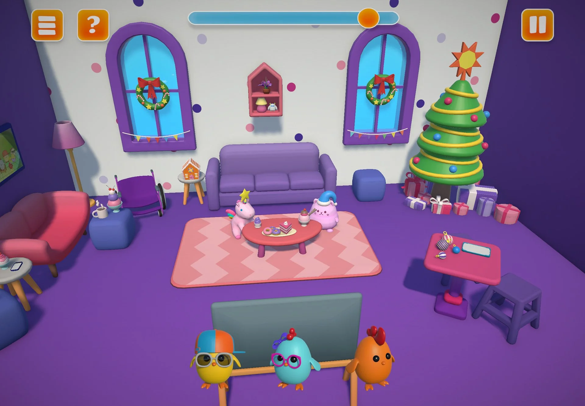 The MixUp FixUp gameplay screen where the room is now empty and the three Chiggy characters have moved to the foreground, initiating the working memory recall phase.