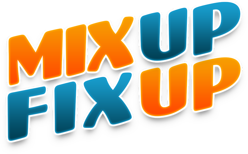 Colorful logo with the words 'Mix Up Fix Up' in bold, gradient orange and blue text on a black background.