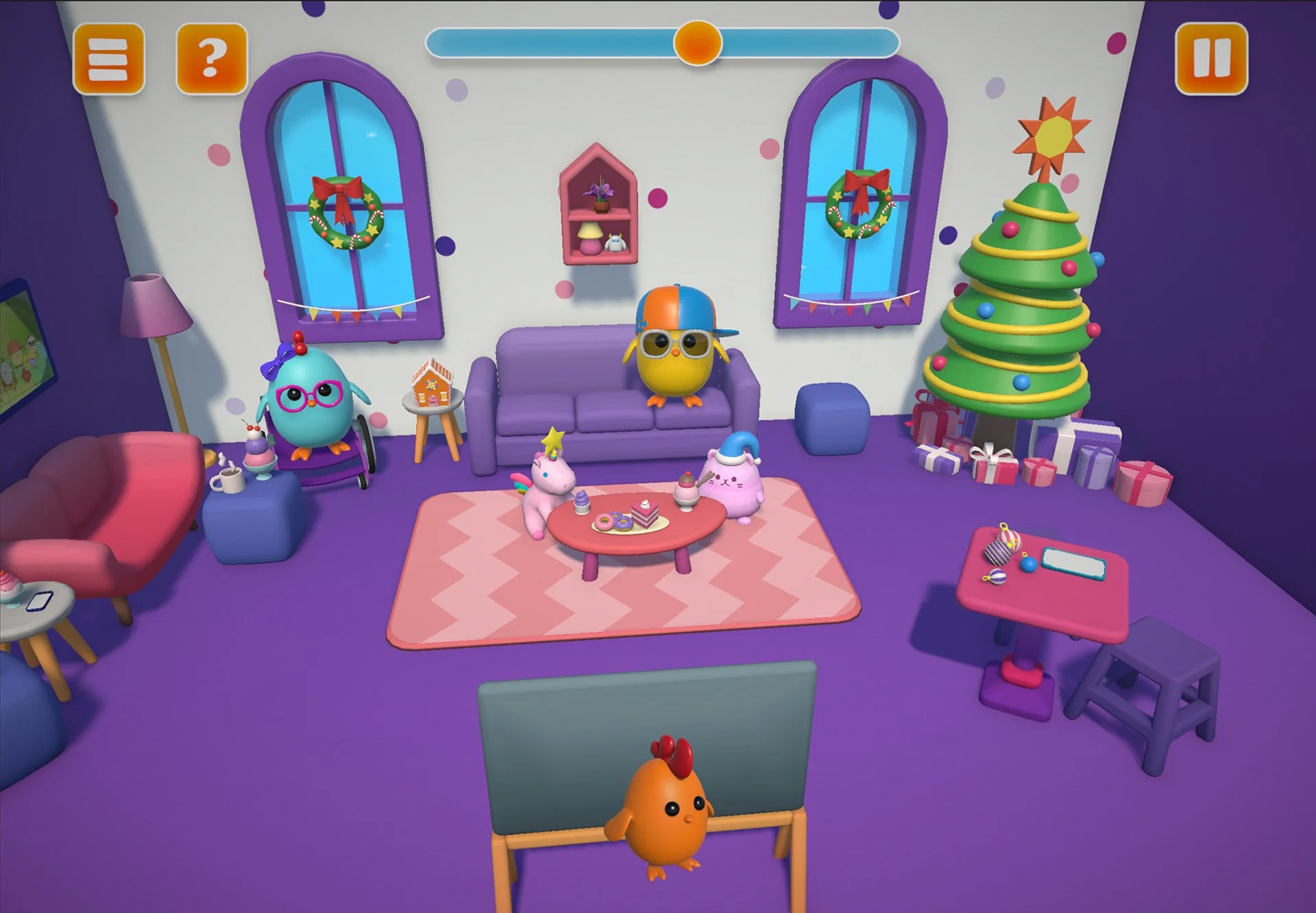 The room with two of the three chiggies returned to their original place through working memory recall.  the blue and yellow Chiggy character to its original remembered location.