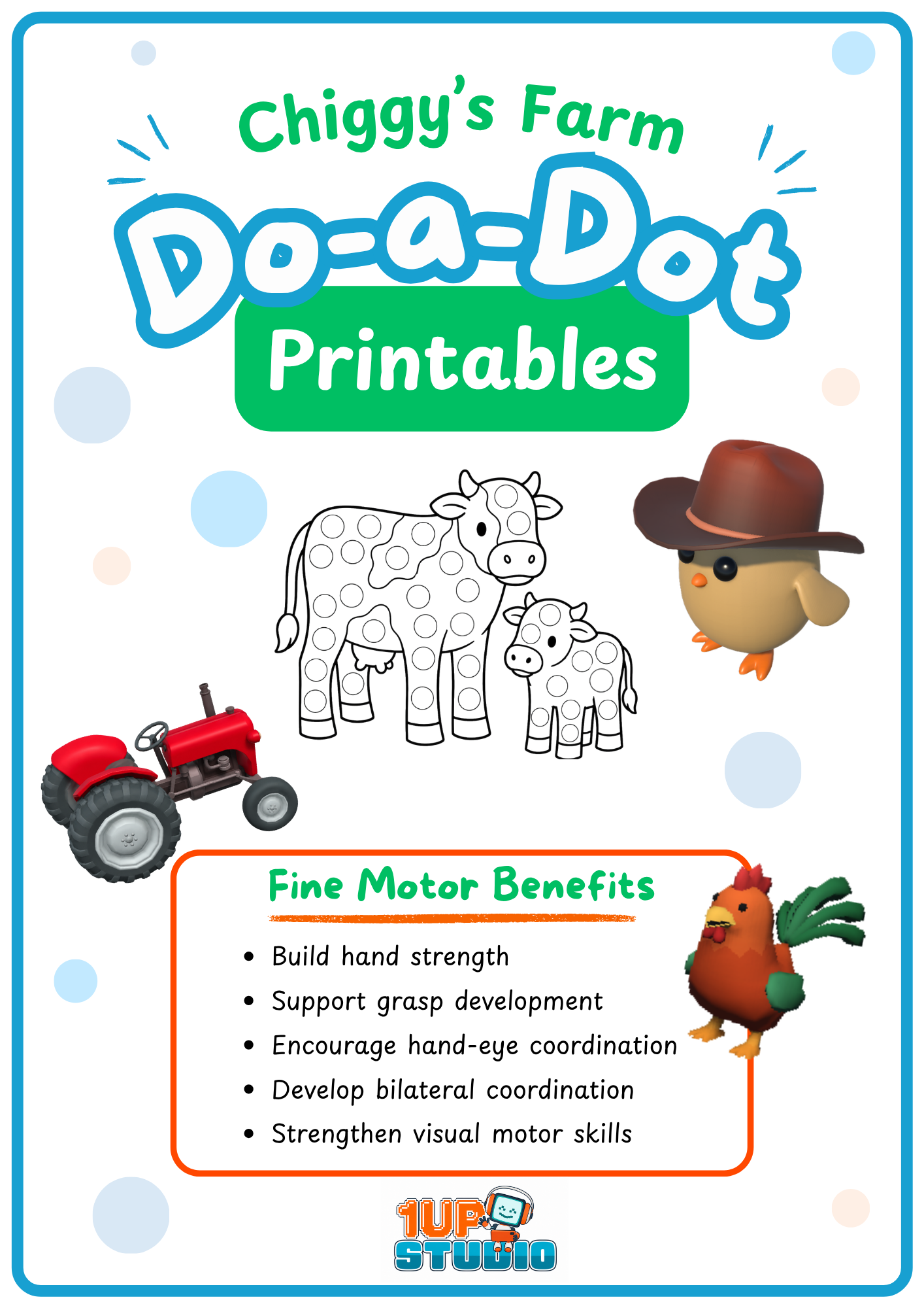 Cover page of Chiggy's Farm Dot-a-Dot Printables pack, which shows kid friendly characters from the game, and says "Fine Motor Benefits: build hand strength, support grasp development, encourage hand-eye coordination, and bilateral skills."