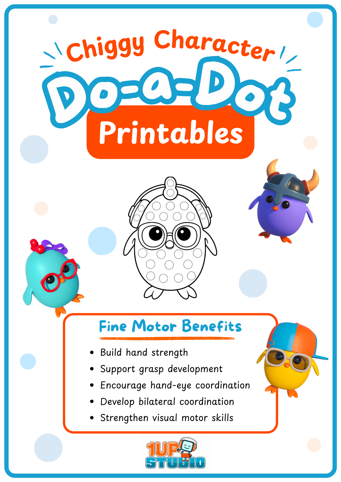 Cover page of Chiggy Characters Dot-a-Dot Printables pack, which shows kid friendly characters from the game, and says "Fine Motor Benefits: build hand strength, support grasp development, encourage hand-eye coordination, and bilateral skills.