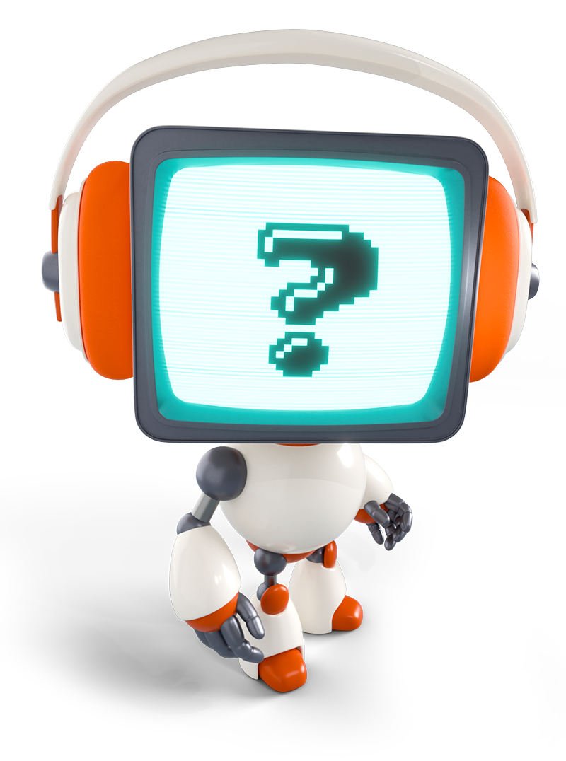 A friendly 1UP Studio robot mascot with a question mark on its screen, signaling the help and support section for MixUp FixUp.