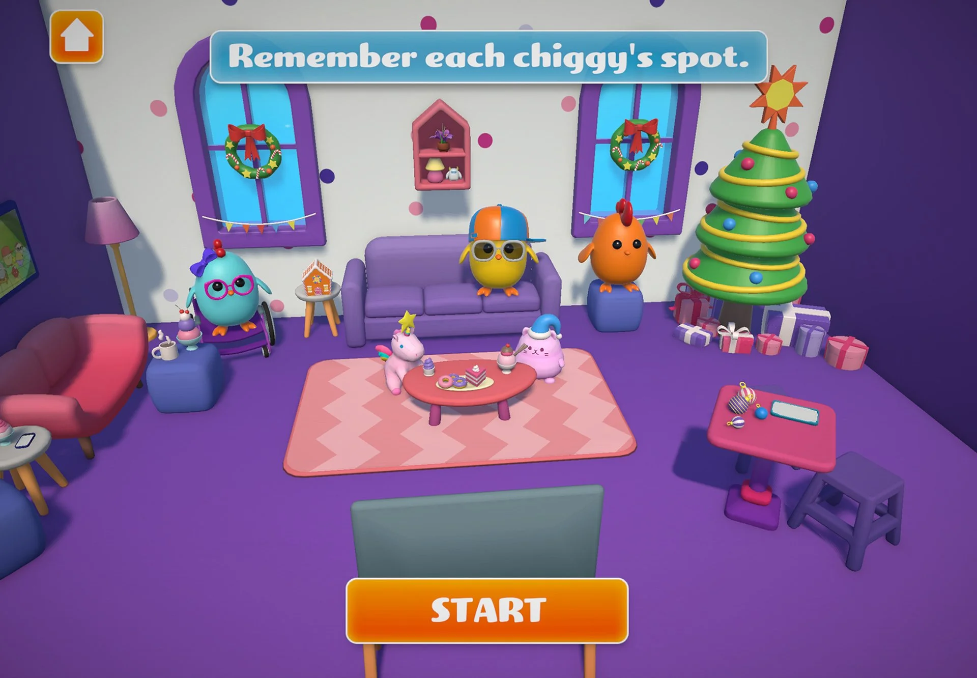 A vibrant 3D room in MixUp FixUp showing three Chiggy characters in specific locations with a prompt at the top saying 'Remember each chiggy's spot' to build visual scanning and attention skills.