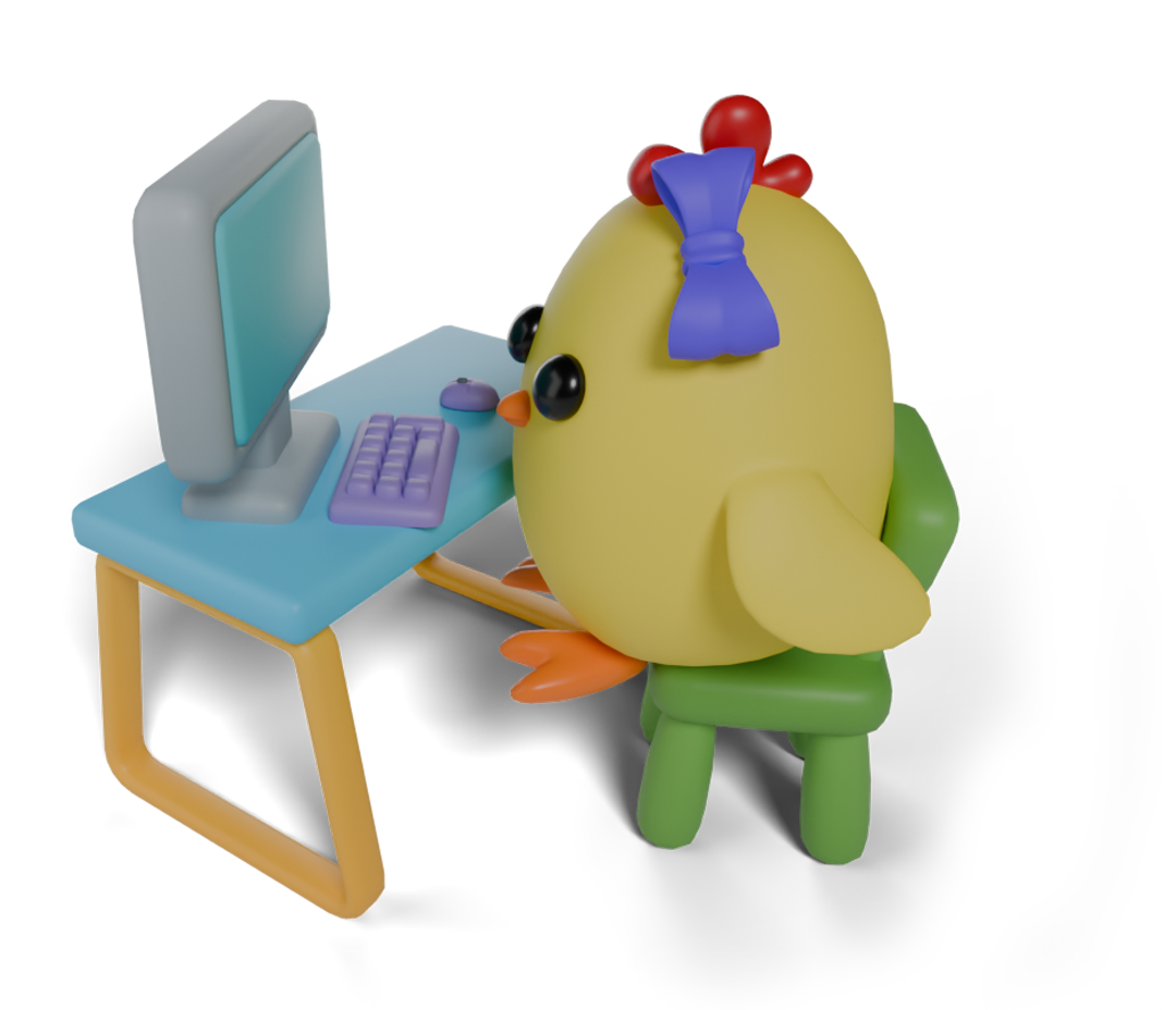 A chiggy character using a computer to illustrate progressive home programming, helping families continue therapeutic progress outside of the clinic.
