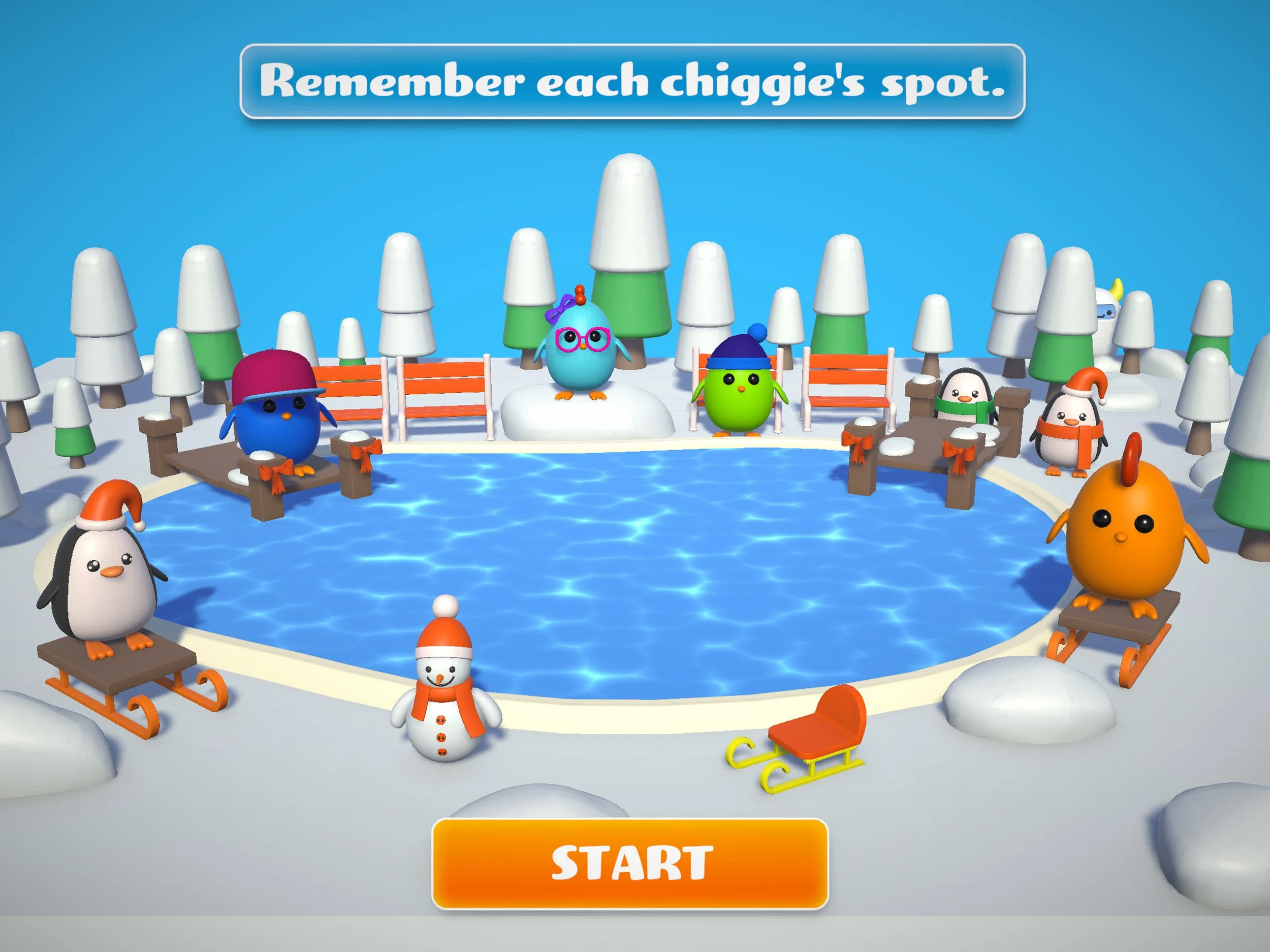 A silly winter gameplay scene featuring Chiggies and penguins at a frozen lake, used for visual memory and detail recall.