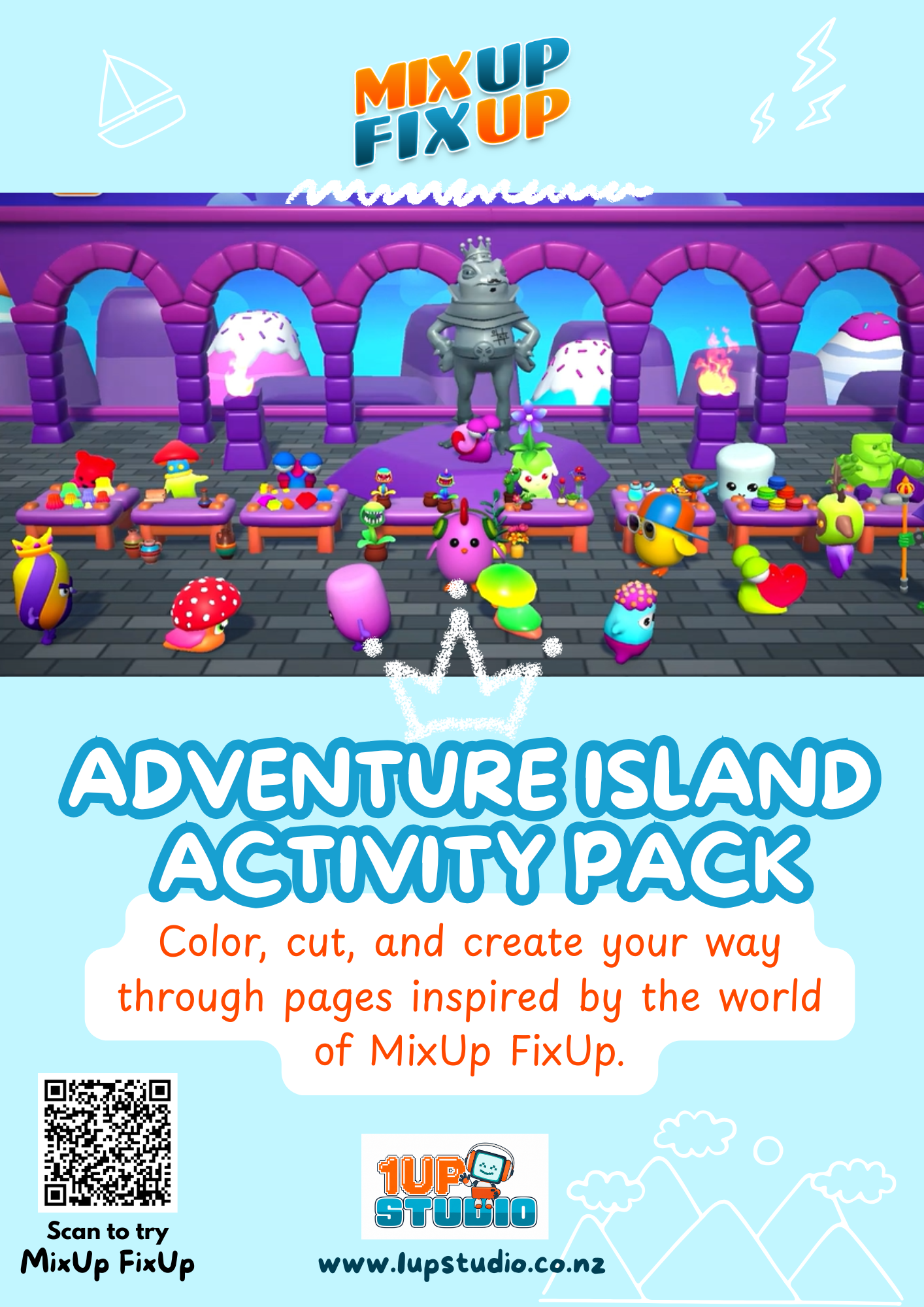 Cover page of Adventure Island Activity Pack, which shows kid friendly characters from the game, and says "color, cut, and create your way through pages inspired by the world of MixUp FixUp".