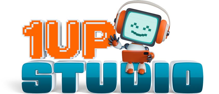 Animated robot with a screen face smiling, holding a phone, next to the text '1UP Studio' in pixelated font.
