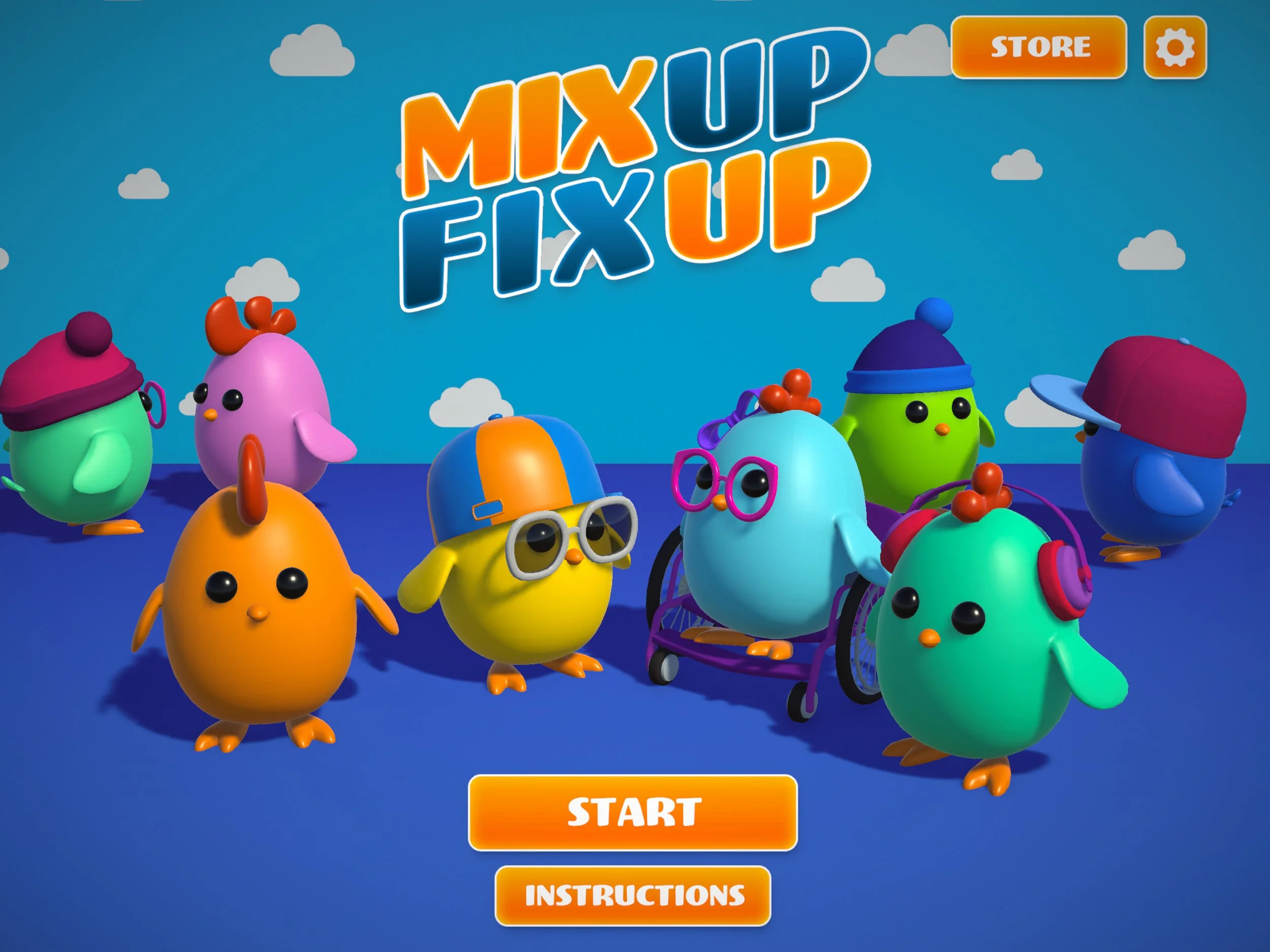 The MixUp FixUp home screen showing the playful main menu and Chiggy inviting the player to start a session.