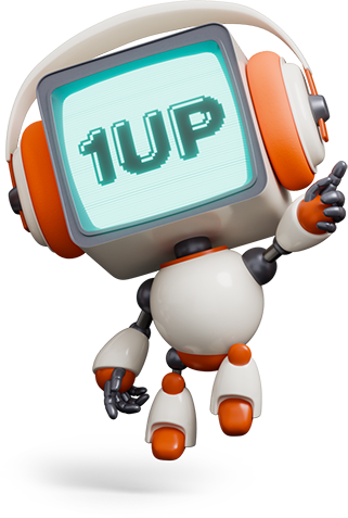 A robot with a screen on its head displaying '1UP', wearing orange and white headphones, giving a thumbs-up.