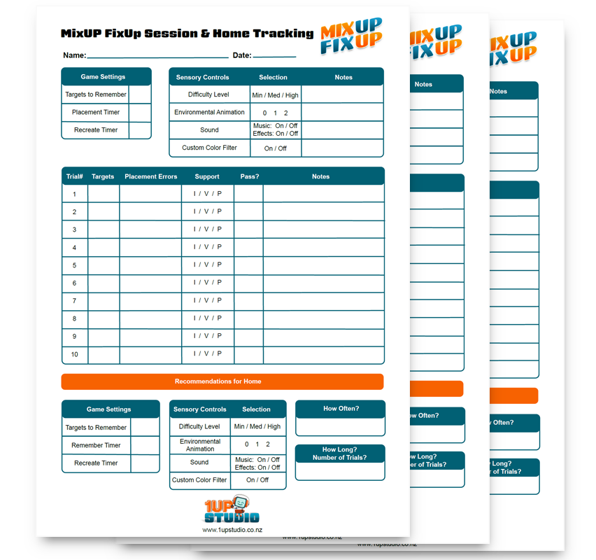 Blank MixUp FixUp session and home tracking worksheet with game settings, sensory controls, selection, notes, trial details, and a logo for 1up Studio at the bottom.