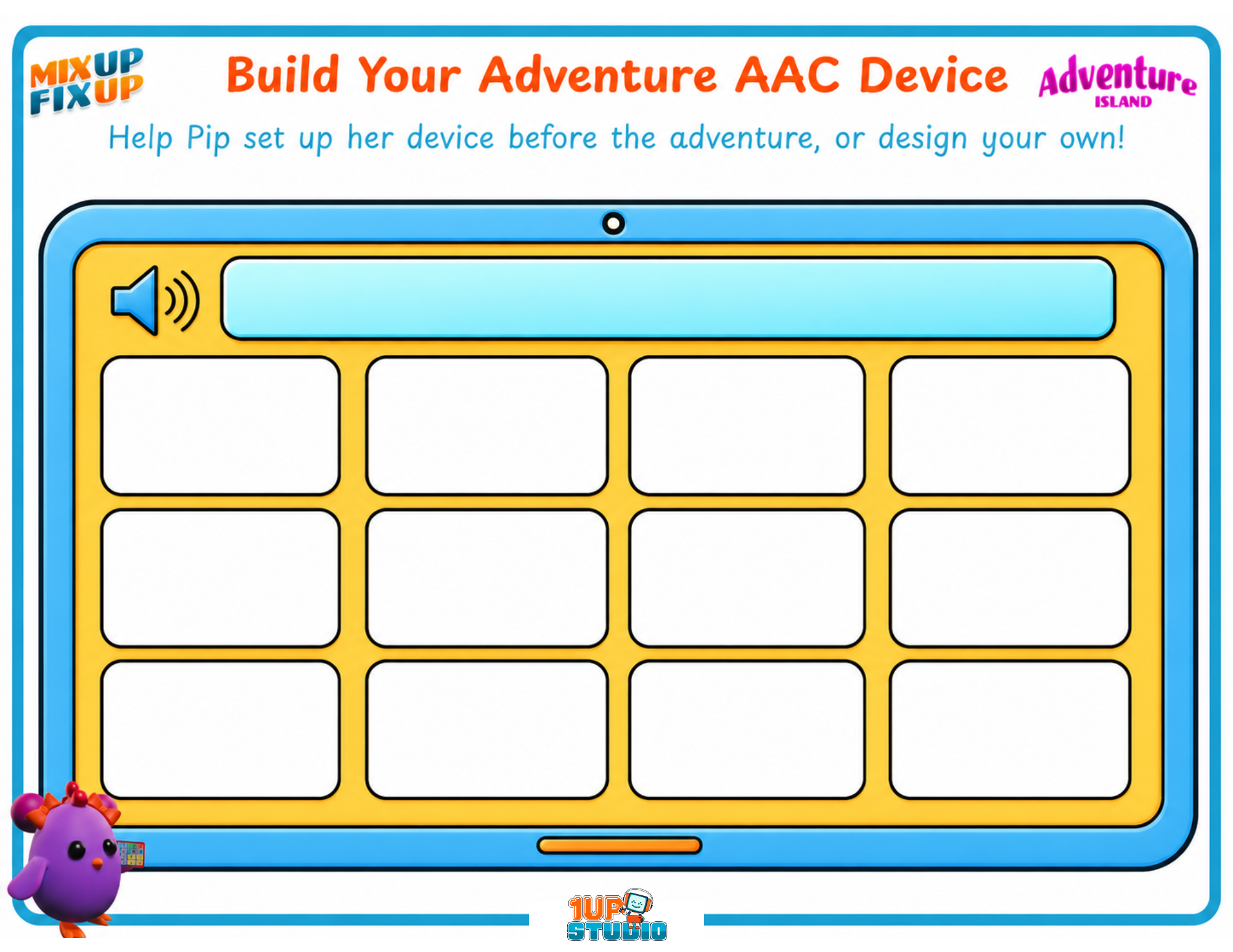 Colorful cover page for the Build Your Adventure AAC Device printable.  The page invites children to help Pip set up an AAC device before and Adventure Island journey or design an AAC device of their own.
