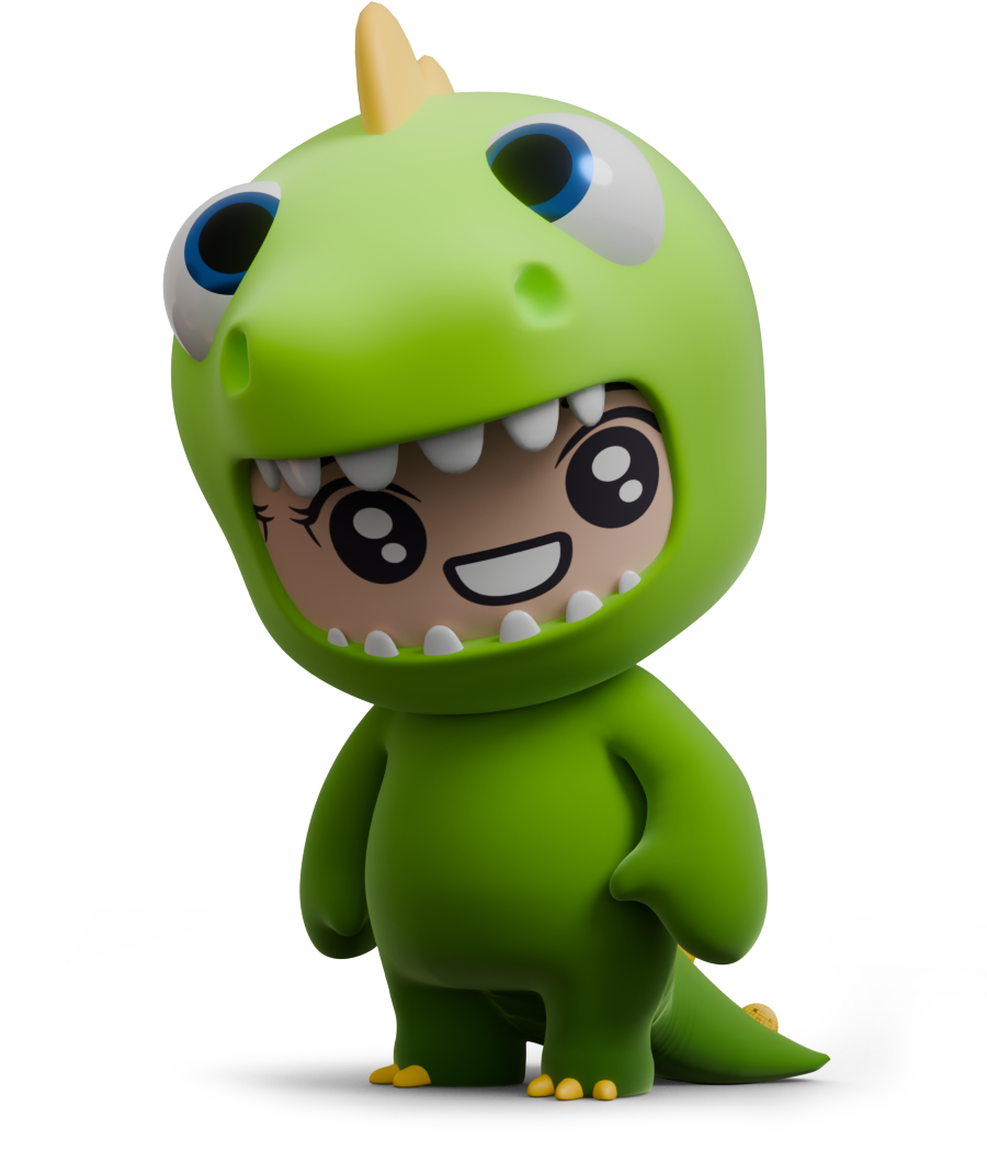 1UP Studio founder illustration in a dinosaur costume, representing playful design and creativity in therapeutic games.