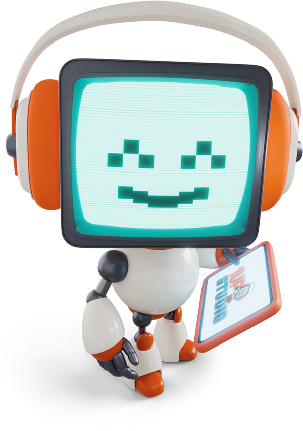 A cute robot with a screen for a face displaying a smiling jack-o'-lantern face, holding a tablet that says 'Join Studio'.