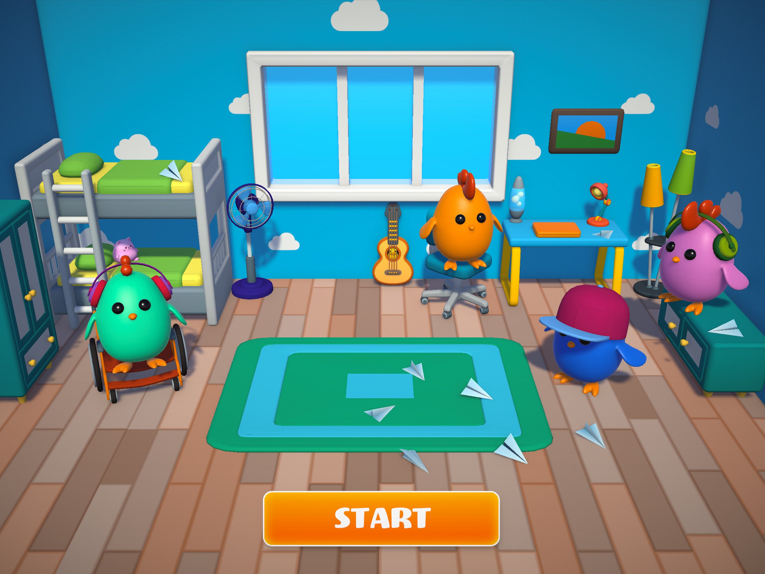 A bright scene with chiggies hanging out and making paper airplanes, showing the wide range of activities in the levels.