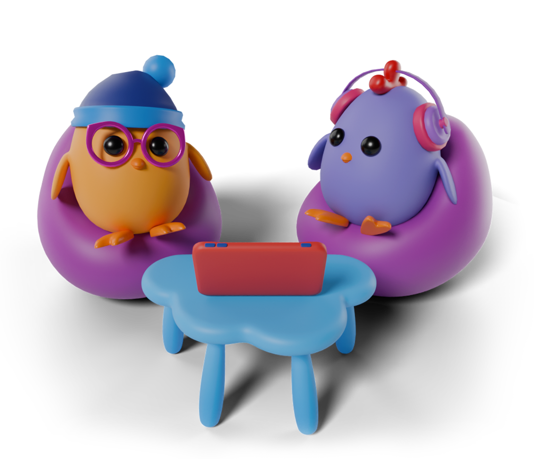 Two 1UP Studio characters sharing an iPad together, illustrating how the game acts as a bridge for social connection and collaborative play.