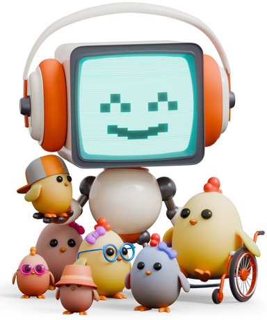 A group of cute, colorful cartoon characters with a robot in the center, all smiling. The robot has a screen for a face displaying a happy face, and some characters have glasses, hats, and are in a wheelchair.