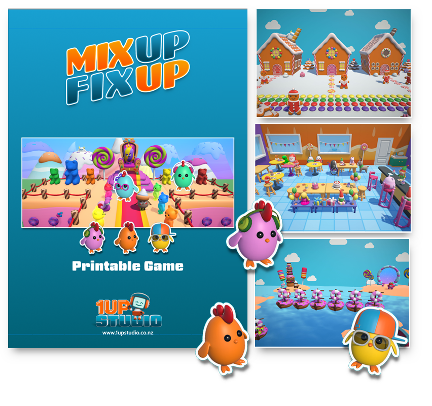 Cover of a printable game called 'Mix Up Fix Up' featuring colorful cartoon characters and scenes of playful environments, including gingerbread houses, a classroom decorated for a party, an amusement park, and a beach area with characters wearing summer hats.