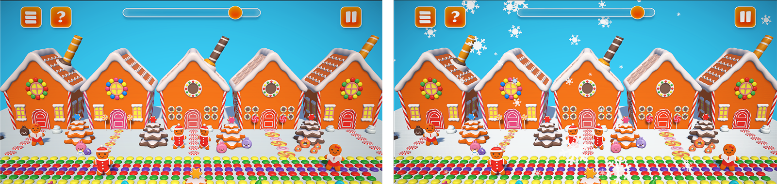 Comparison of two levels of visual clutter, showing how the game can be simplified by removing background decorations to reduce cognitive load.