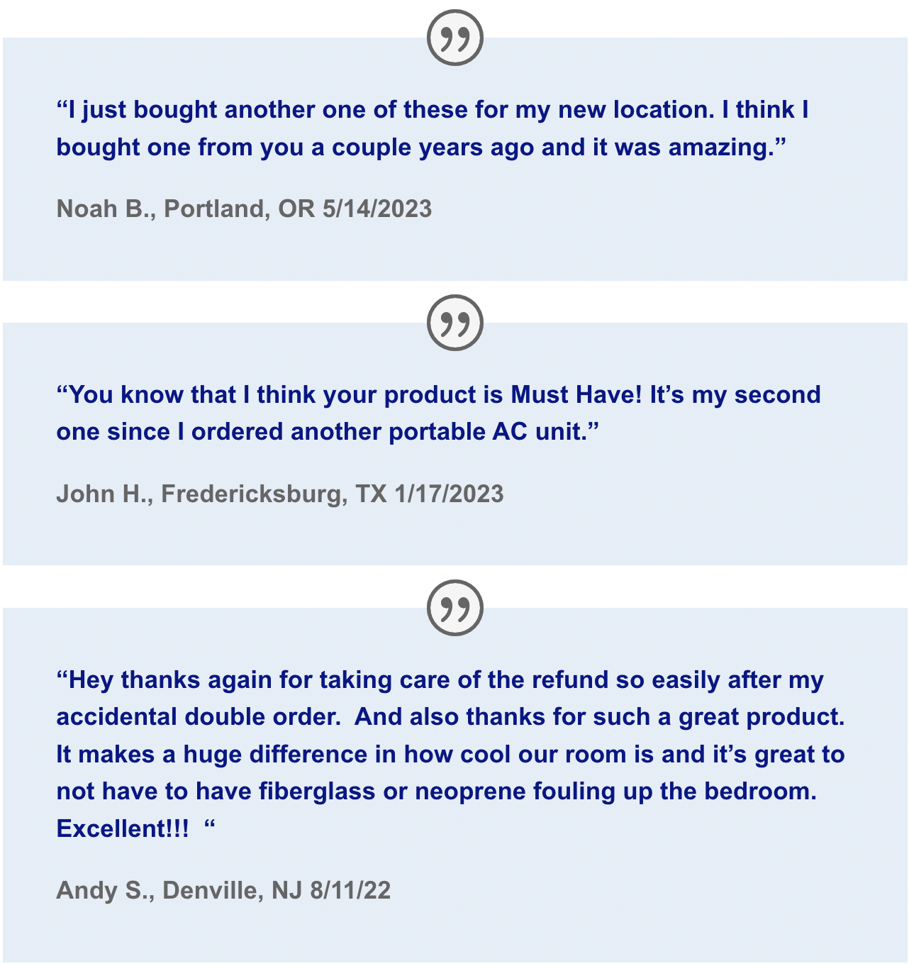 Screenshot of three customer reviews about portable air conditioning units, featuring positive feedback on product quality, customer service, and satisfaction.