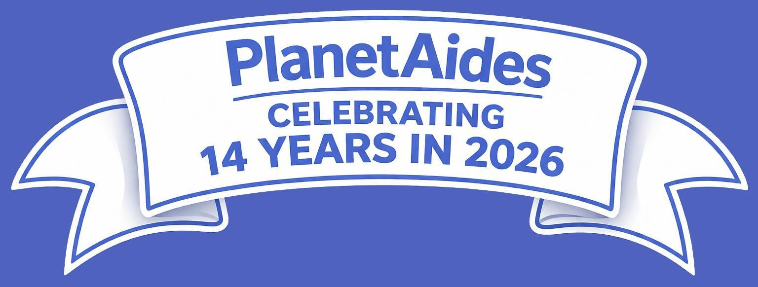 Blue banner with white ribbon design celebrating 14 years of PlanetAides in 2026.