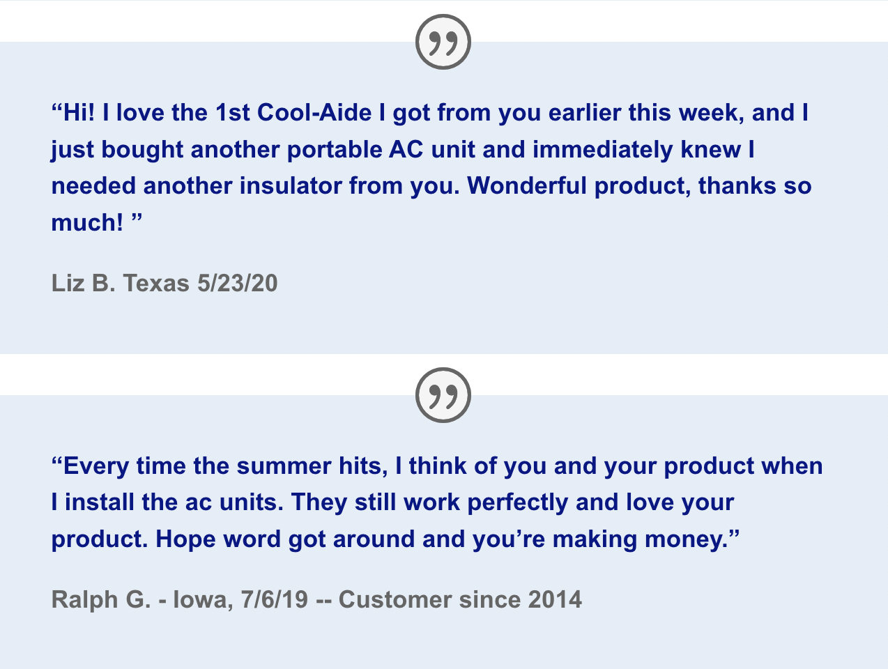 Two customer reviews praising portable air conditioning units, one from Liz B. in Texas dated 5/23/20, and another from Ralph G. in Iowa dated 7/6/19.