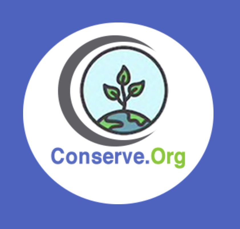 Logo with a globe and a small plant growing from it, encircled by a black and white border, with the text "www.Conserve.Org" below.