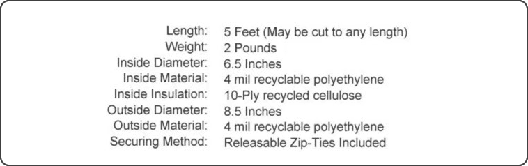 A specifications chart detailing dimensions, weight, materials, and securing method for an object.