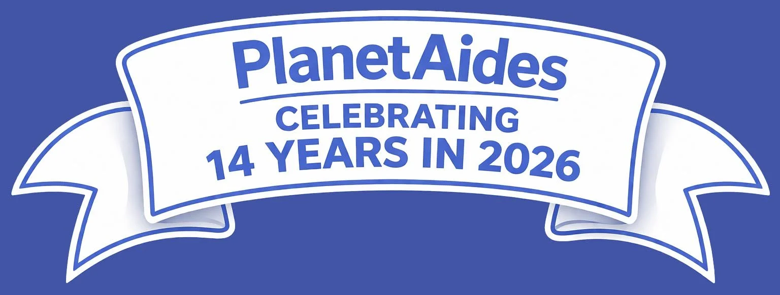 A blue promotional banner with a white ribbon design celebrating PlanetAides' 14th anniversary in 2026.