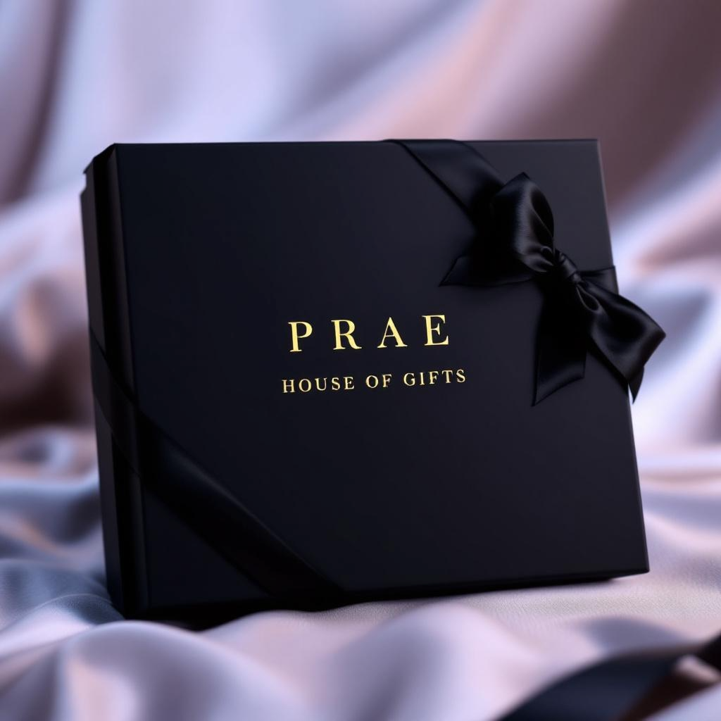 A black gift box with a black satin ribbon and bow, labeled 'PRAE HOUSE OF GIFTS,' resting on silky, light-colored fabric.