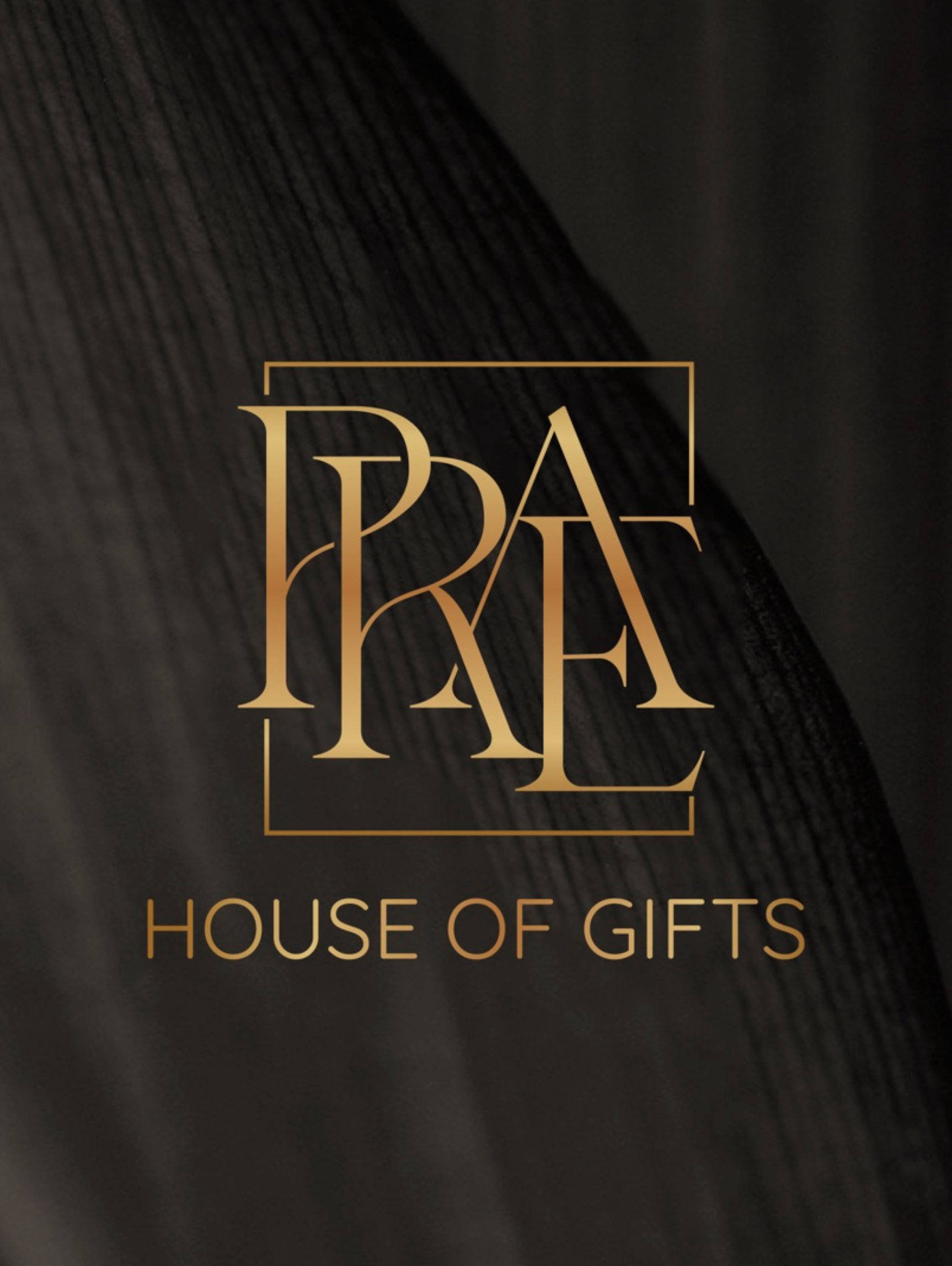 The image shows a black textured background with a gold logo that says "House of Gifts".