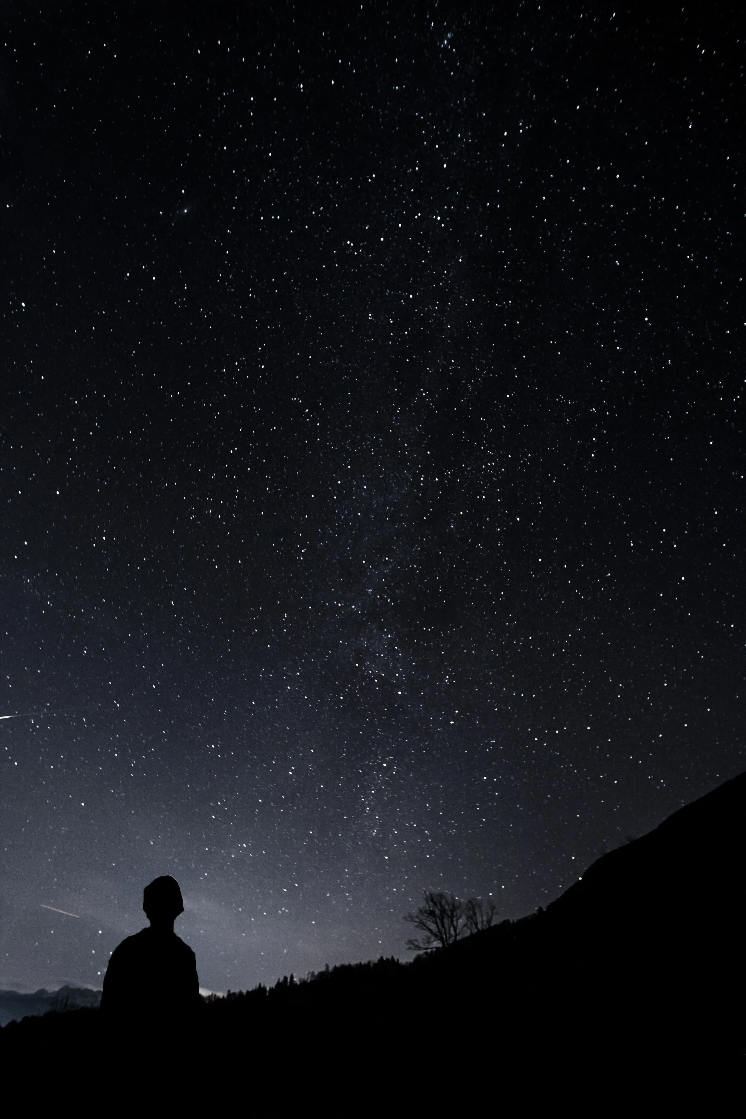 Silhouette of a person looking at a starry night sky with numerous stars and the Milky Way galaxy visible.