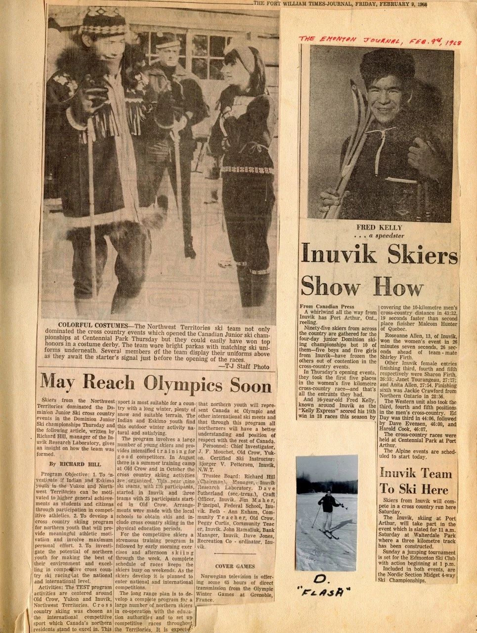 Black and white image of a group of skiers in costumes talking with a woman in a ski outfit, with a caption indicating it is from a 1968 newspaper. A separate photo of a smiling young man with skis is also included, along with an article about Inuvik