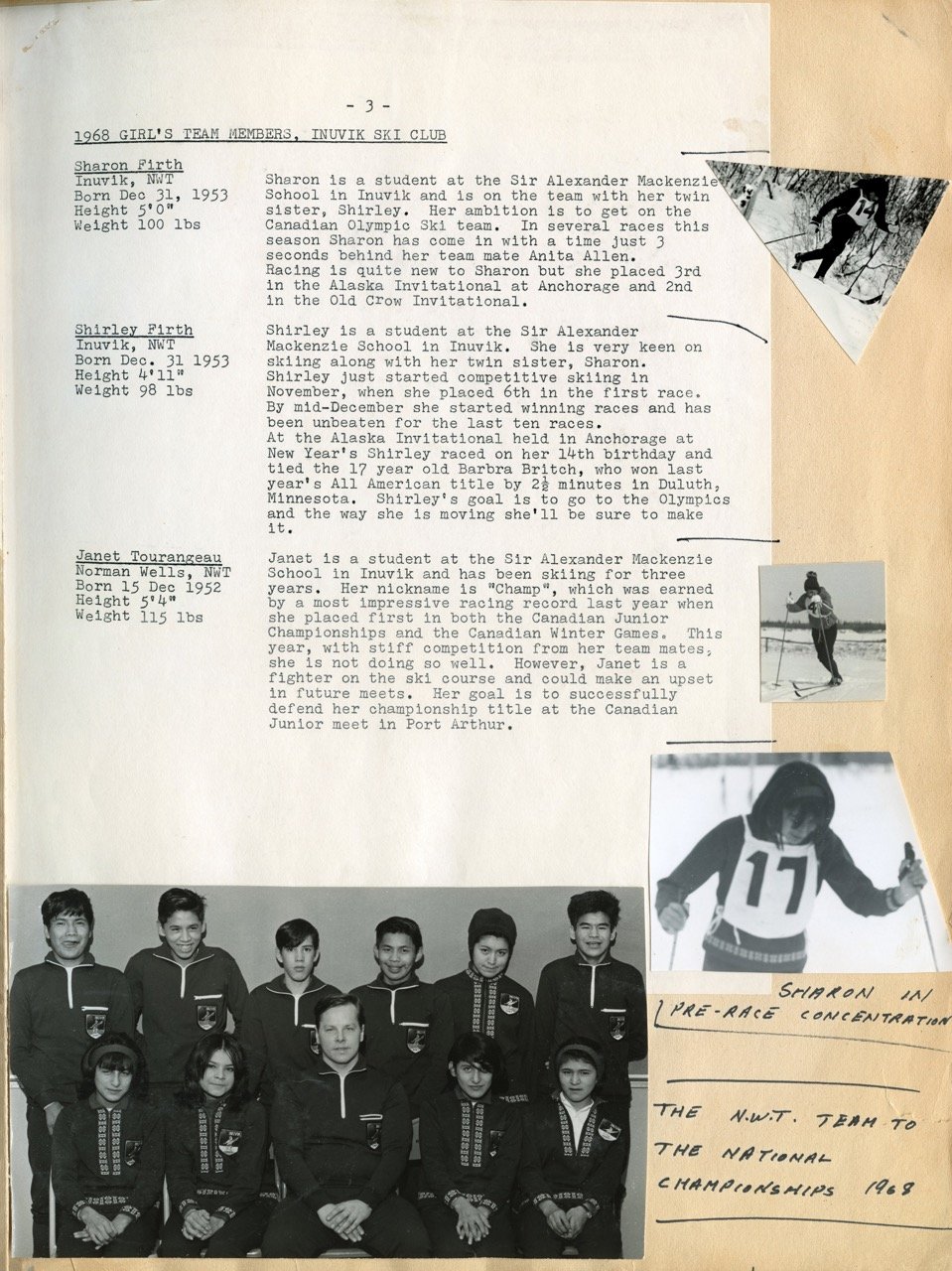 A collage of black-and-white and color photographs and text about the 1968 girls' ski team from Invuk, featuring team members Sharon Firth, Shirley Firth, and Janet Tourangeau. The photos include team members in uniforms, two action shots of a skier,