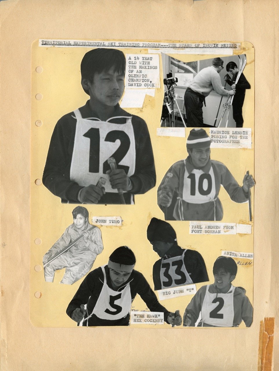 Collage of black and white images of young male athletes and a photographer, labeled with their names and numbers, related to ski training.